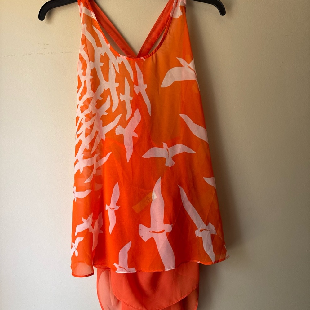Orange and White Bird Print Tank Top